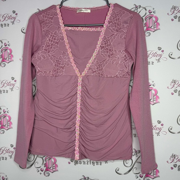 garlvin Tops - Garlvin blouse long sleeve floral lace cinch sequins stretchy rose blush pink